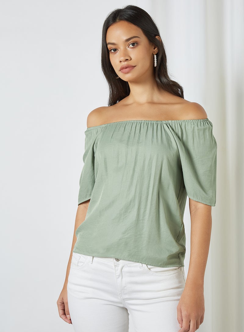 Aila Solid Design Square Neck With Puff Sleeves Top Green  - Image 1