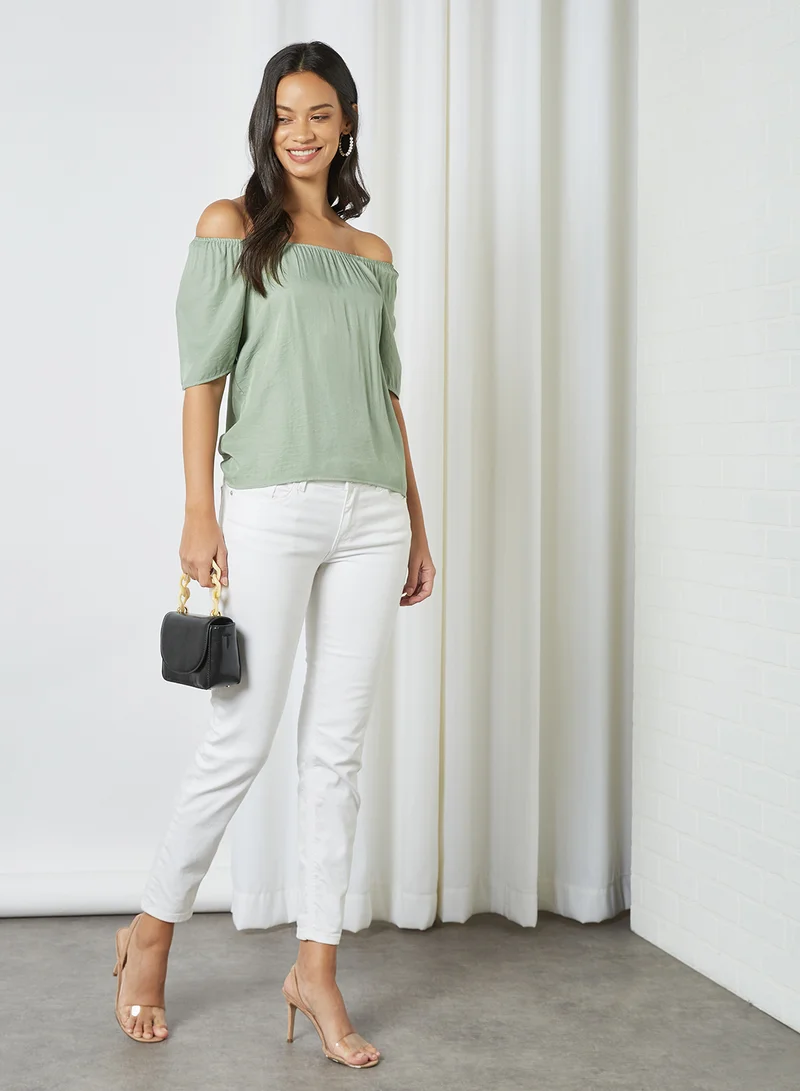 Aila Solid Design Square Neck With Puff Sleeves Top Green