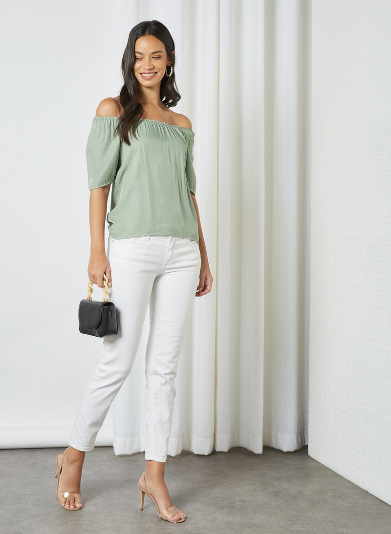 Aila Solid Design Square Neck With Puff Sleeves Top Green  - Image 3