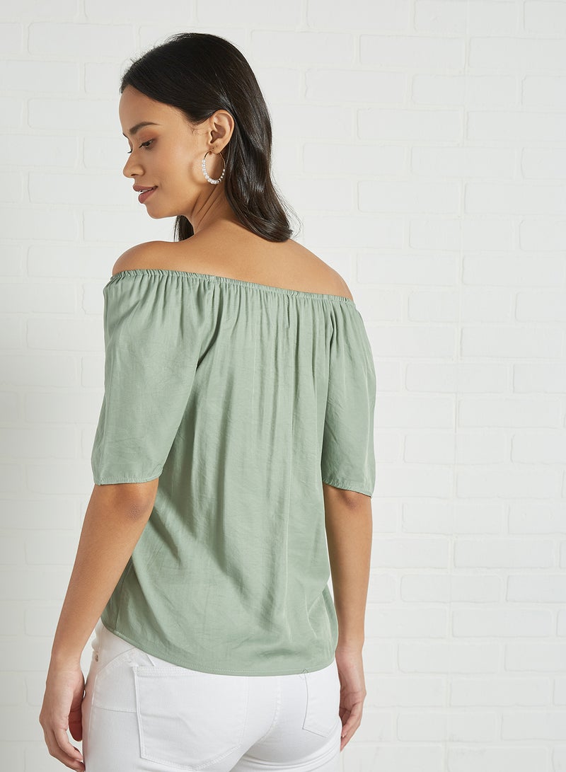 Aila Solid Design Square Neck With Puff Sleeves Top Green  - Image 2