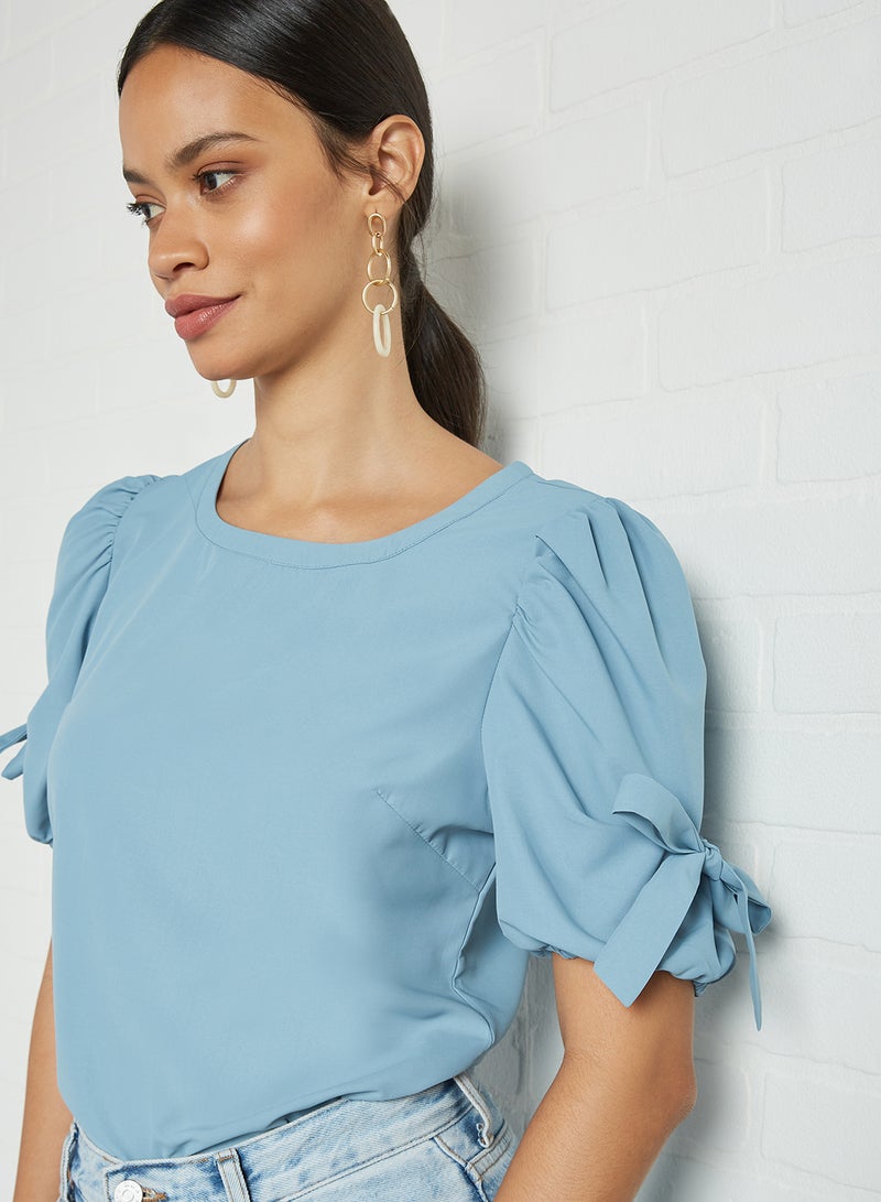 Aila Solid Design Eyelet Sleeves Detail Top Blue  - Image 4