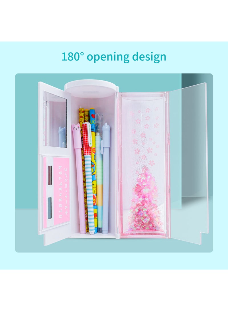 Nbx Multi-functional Quicksand Pencil Case Cartoon Pattern Magnetic Close Large Capacity Pen Holder With Mirror Solar Energy Calculator Dry Erase Marker Stationery Storage Box For Office School Teen Boys Girls Students Multicolour  - Image 4