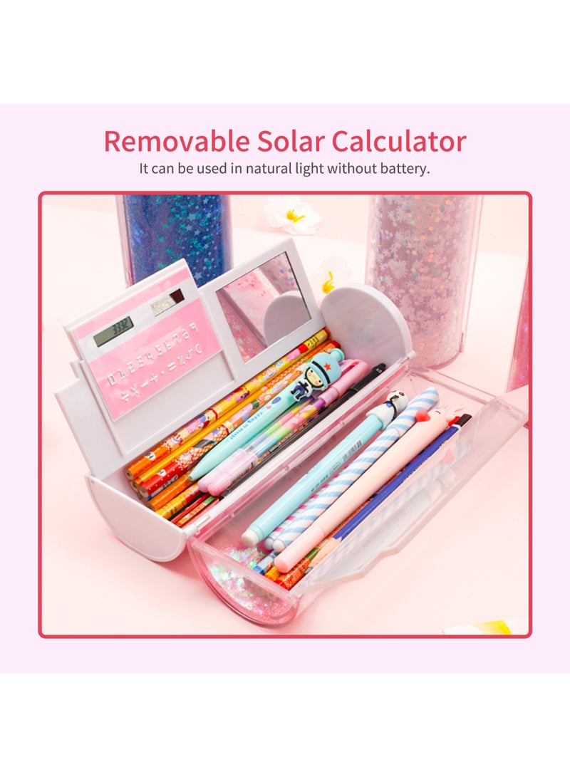 Nbx Multi-functional Quicksand Pencil Case Cartoon Pattern Magnetic Close Large Capacity Pen Holder With Mirror Solar Energy Calculator Dry Erase Marker Stationery Storage Box For Office School Teen Boys Girls Students Multicolour  - Image 2