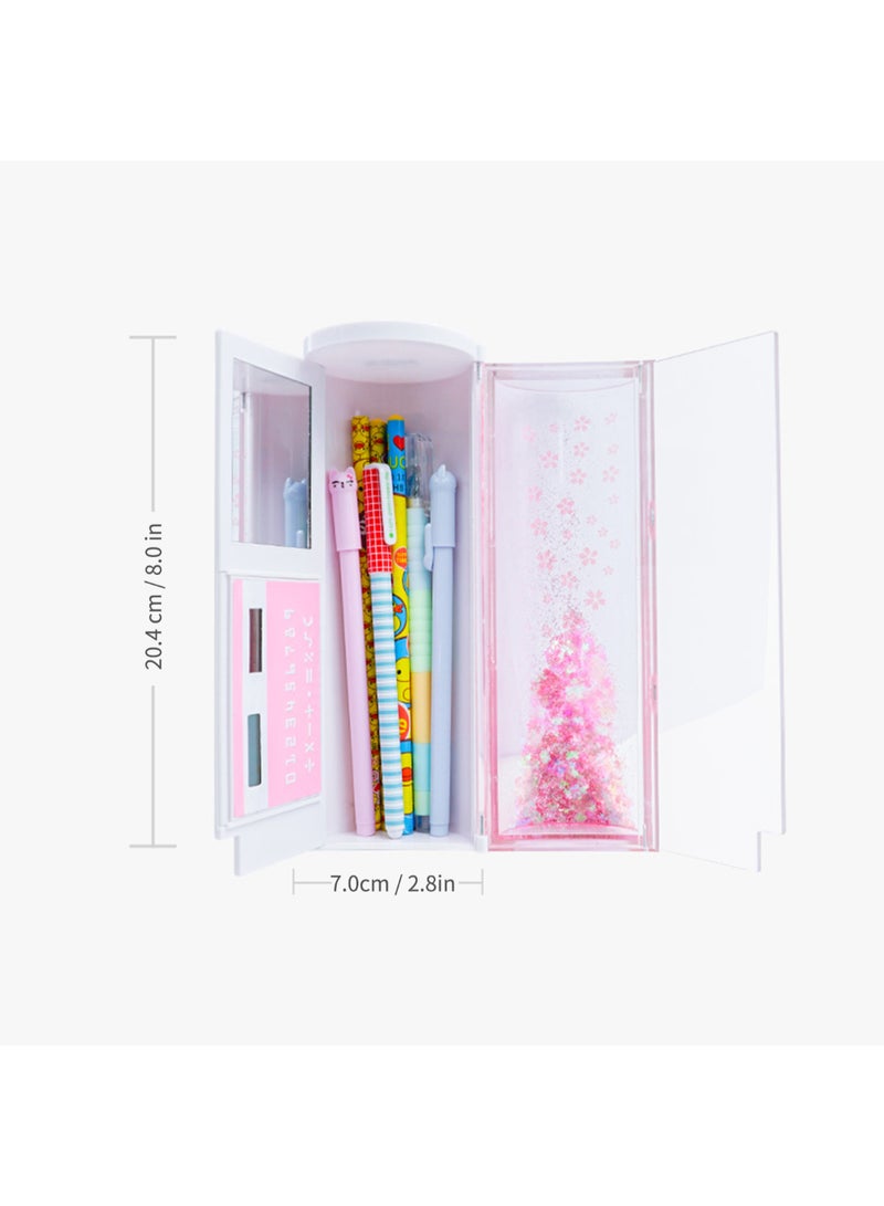 Nbx Multi-functional Quicksand Pencil Case Cartoon Pattern Magnetic Close Large Capacity Pen Holder With Mirror Solar Energy Calculator Dry Erase Marker Stationery Storage Box For Office School Teen Boys Girls Students Multicolour  - Image 3