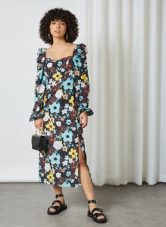 NA-KD Puff Sleeve Floral Print Dress Black Flower  - Image 1