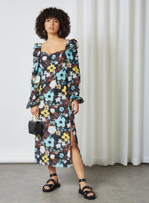 Puff Sleeve Floral Print Dress Black Flower