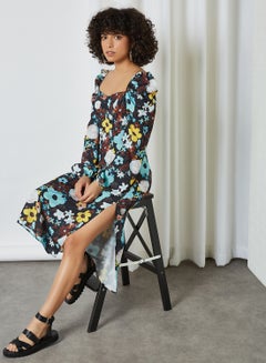 NA-KD Puff Sleeve Floral Print Dress Black Flower  - Image 3