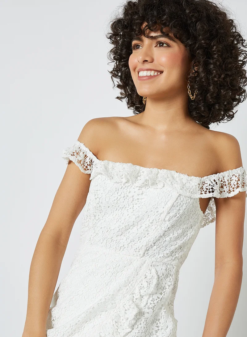 NA-KD Ruffled Off-Shoulder Dress White