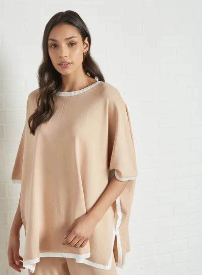 ANOTAH Contrast Hem Knit Blouse Beige