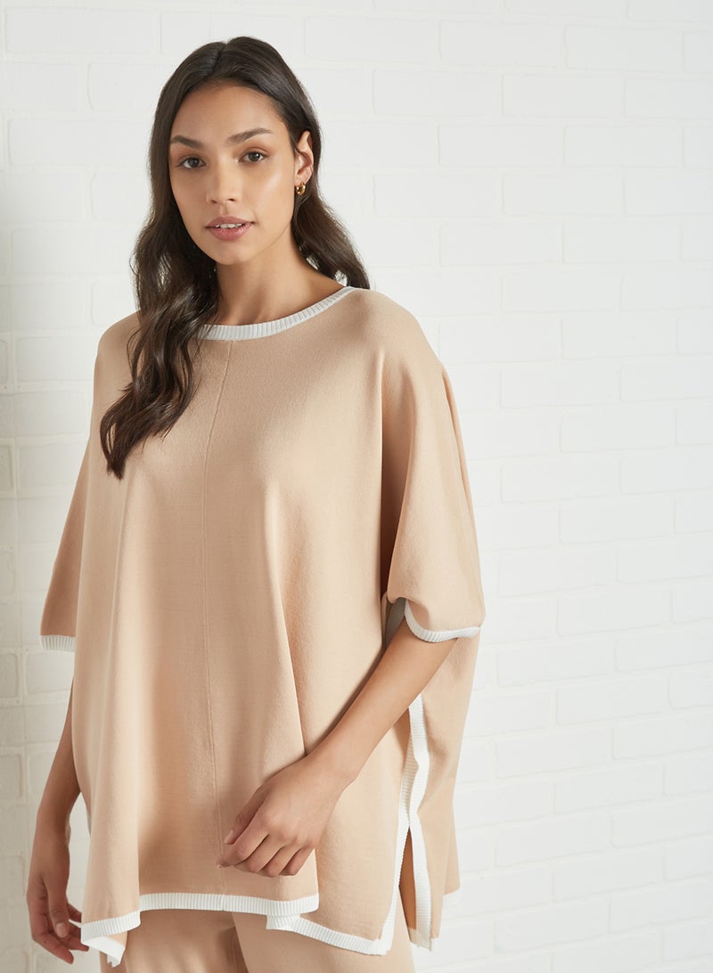 ANOTAH Contrast Hem Knit Blouse Beige  - Image 1