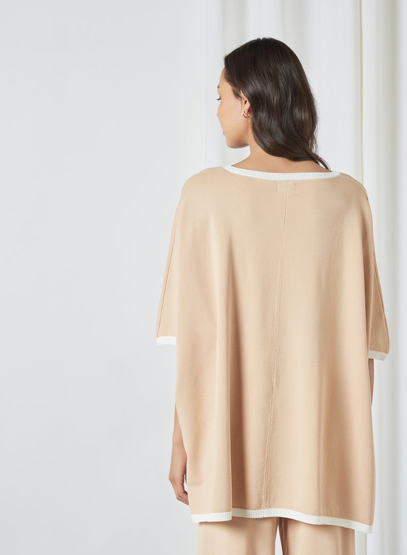 ANOTAH Contrast Hem Knit Blouse Beige  - Image 2