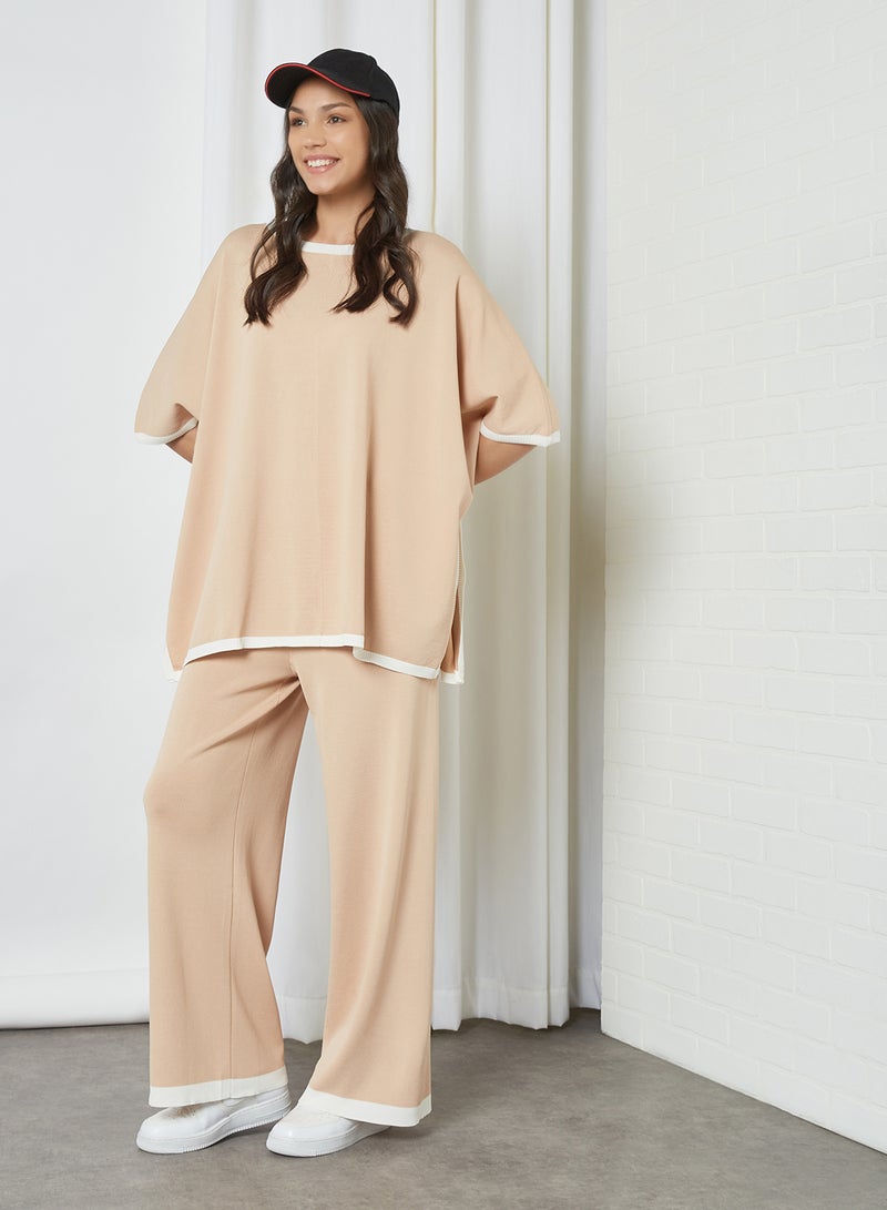 ANOTAH Contrast Hem Knit Blouse Beige  - Image 3