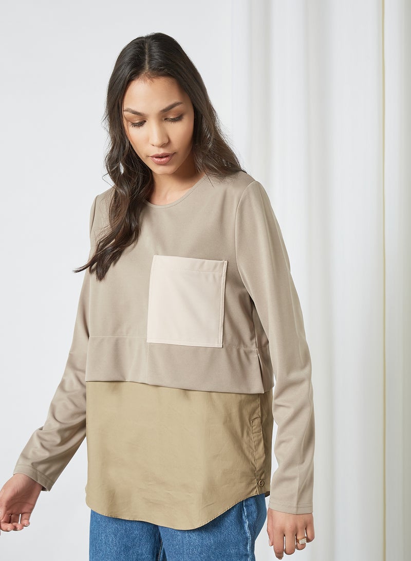 ANOTAH - Colourblock Top Khaki - Image 1