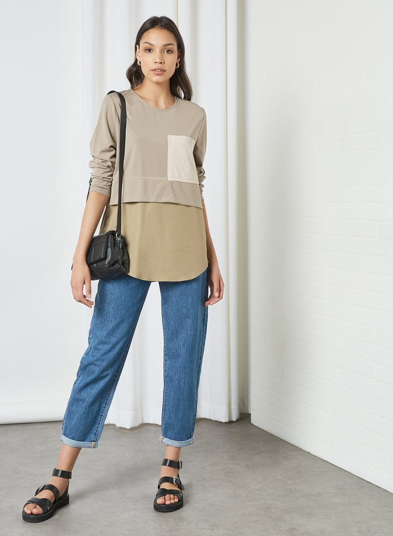 ANOTAH - Colourblock Top Khaki - Image 1