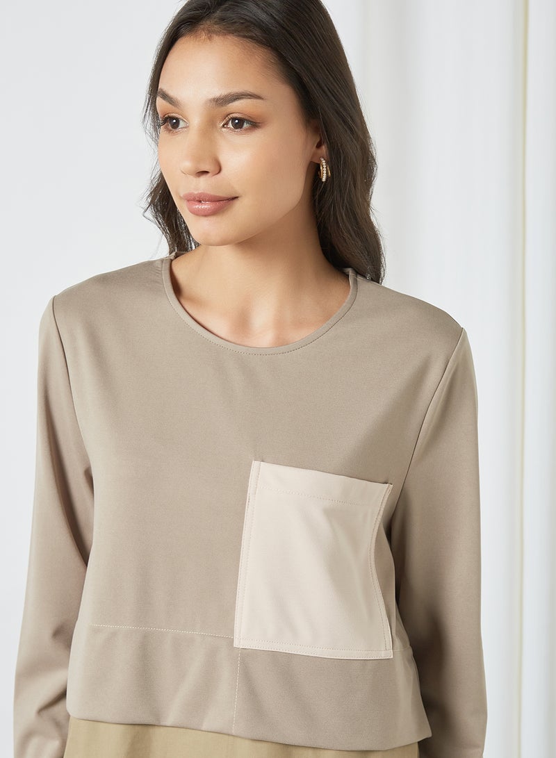 ANOTAH - Colourblock Top Khaki - Image 1