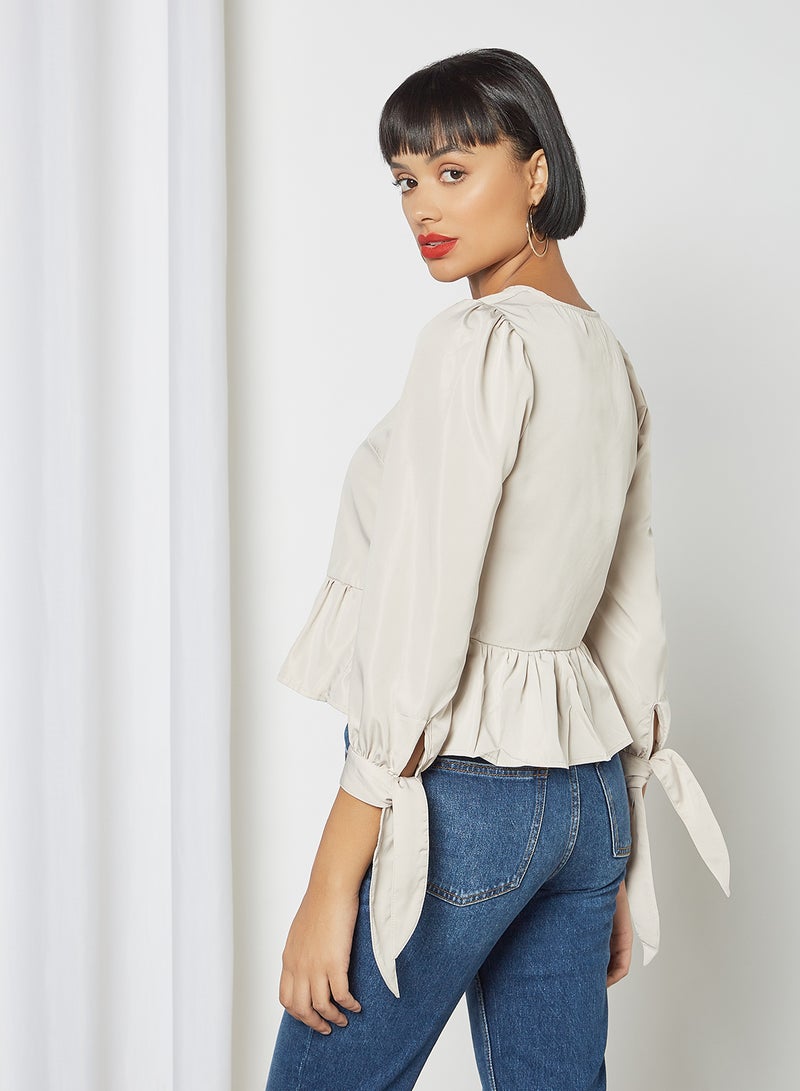 Aila Solid Design V-Neck With Bow Cuff Top Beige - Image 2