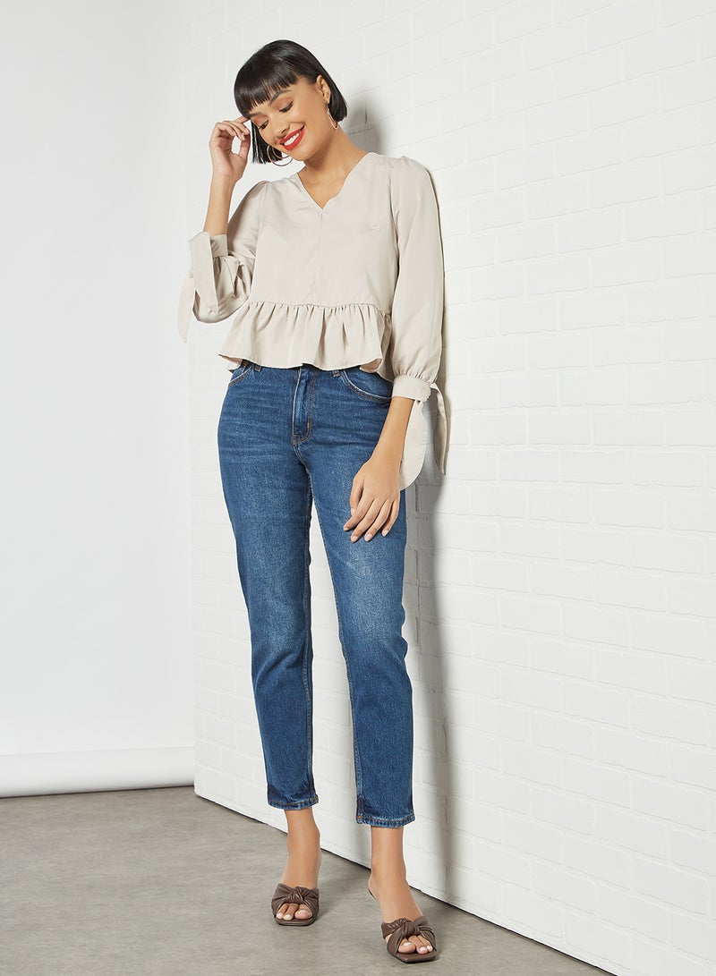 Aila Solid Design V-Neck With Bow Cuff Top Beige - Image 3