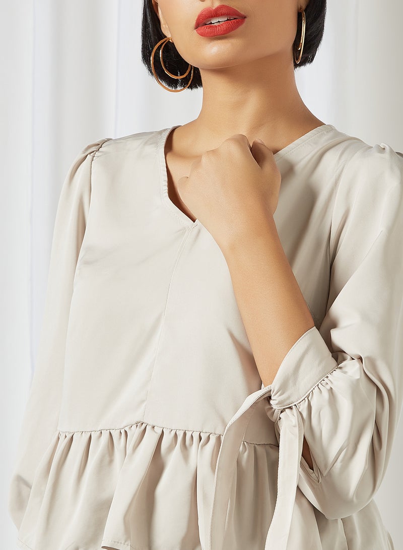 Aila Solid Design V-Neck With Bow Cuff Top Beige - Image 4