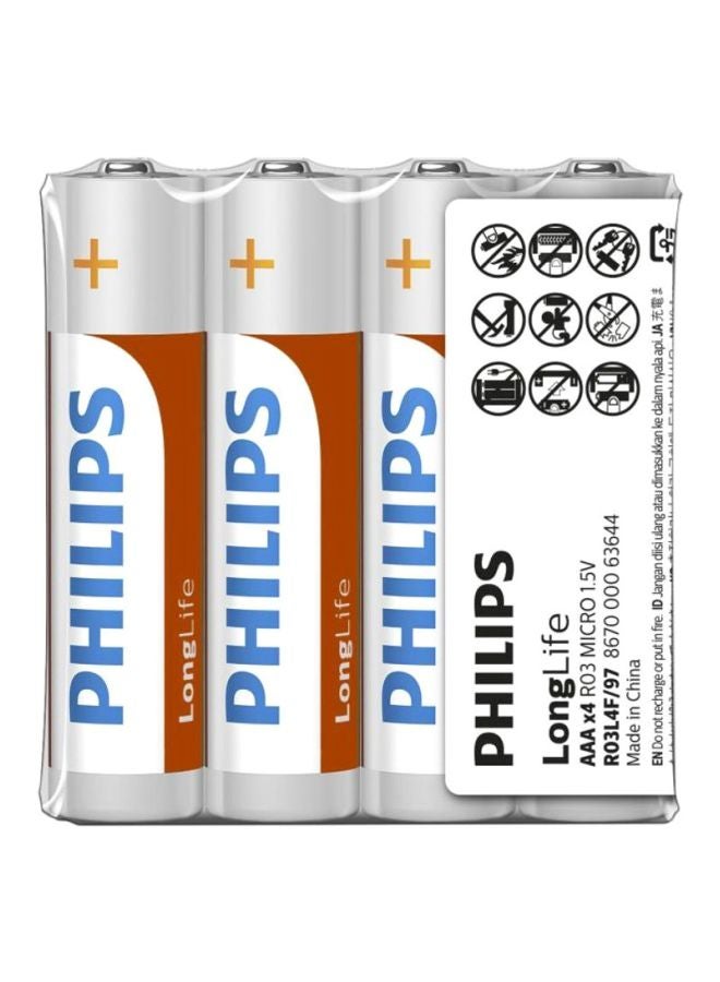فيليبس طقم بطاريات لونج لايف بكلوريد الزنك، مقاس AAA، عدد 4 قطع، طراز R03 أبيض-بني-فضي - Image 2