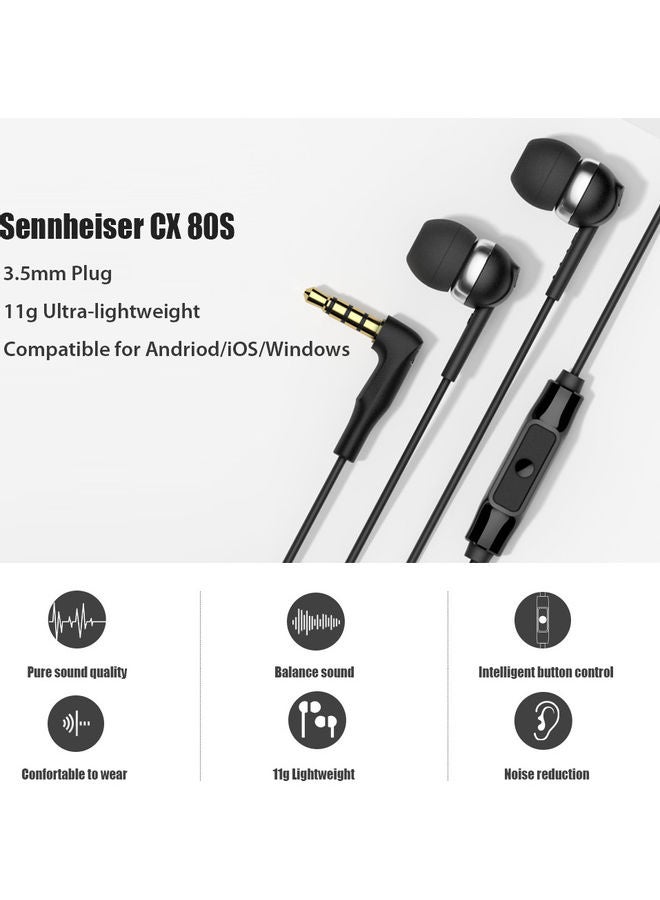 Sennheiser - Sennheiser CX 80S In-Ear Earphone 1.2m Wired Headphone with Mic 3.5mm Plug/Noise Reduction/Balance Sound/Intelligent Control/In-Line Remote Wired Hedset Compatible for Andriod/iOS/Windows Black - Image 1