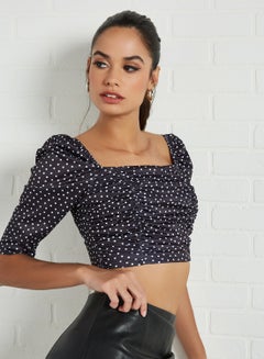 سيفي × جين أم بلوزة قصيرة منقّطة بأجزاء نسيجية أسود  - Image 1