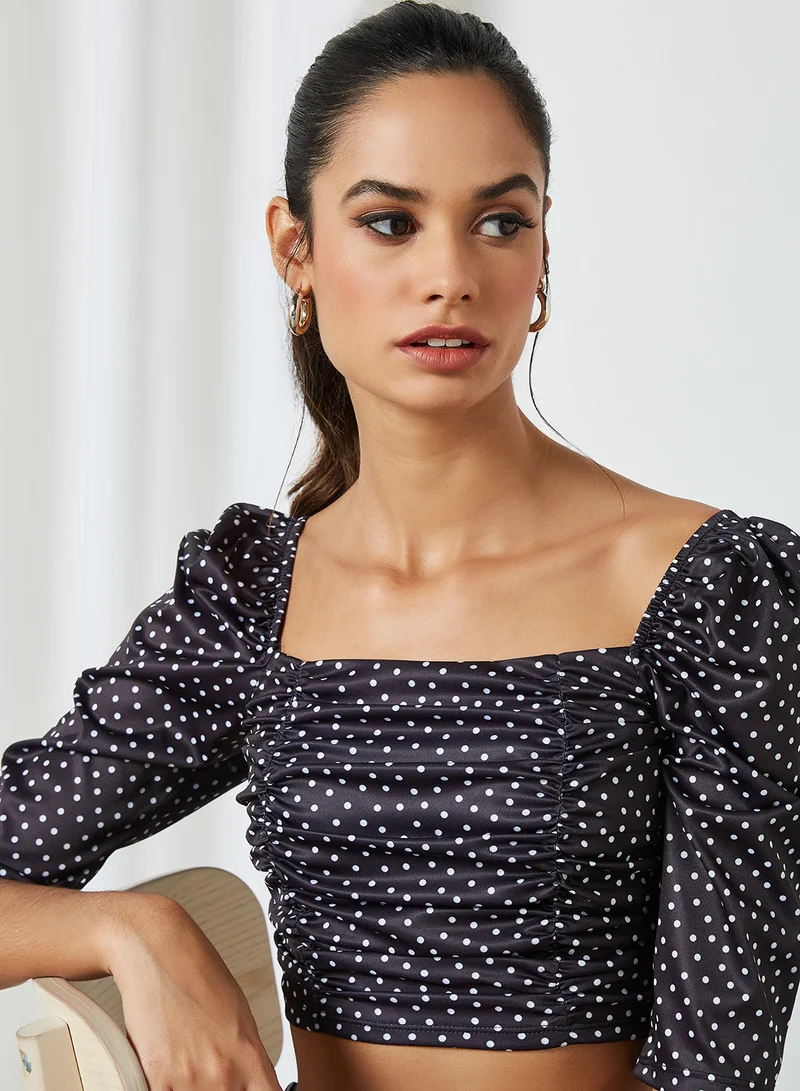 Sivvi x GenM Polka Dot Ruched Crop Top Black