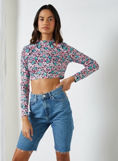 Floral High Neck Crop Top Multi