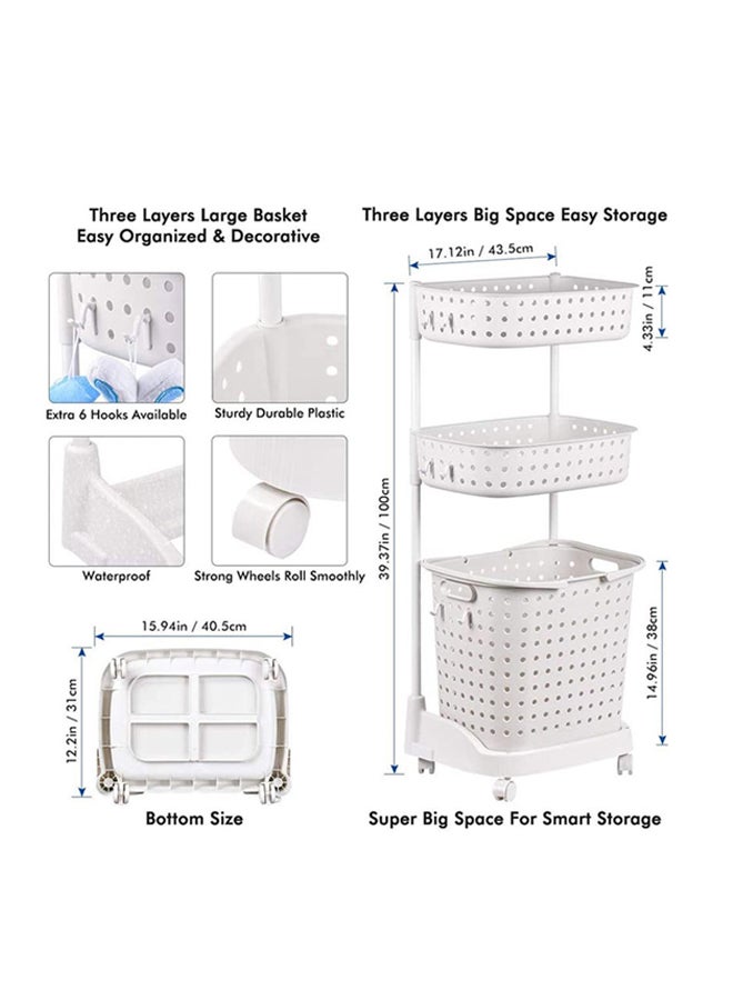 3-Tier Laundry Basket With Wheels White 42x34x45.5cm
