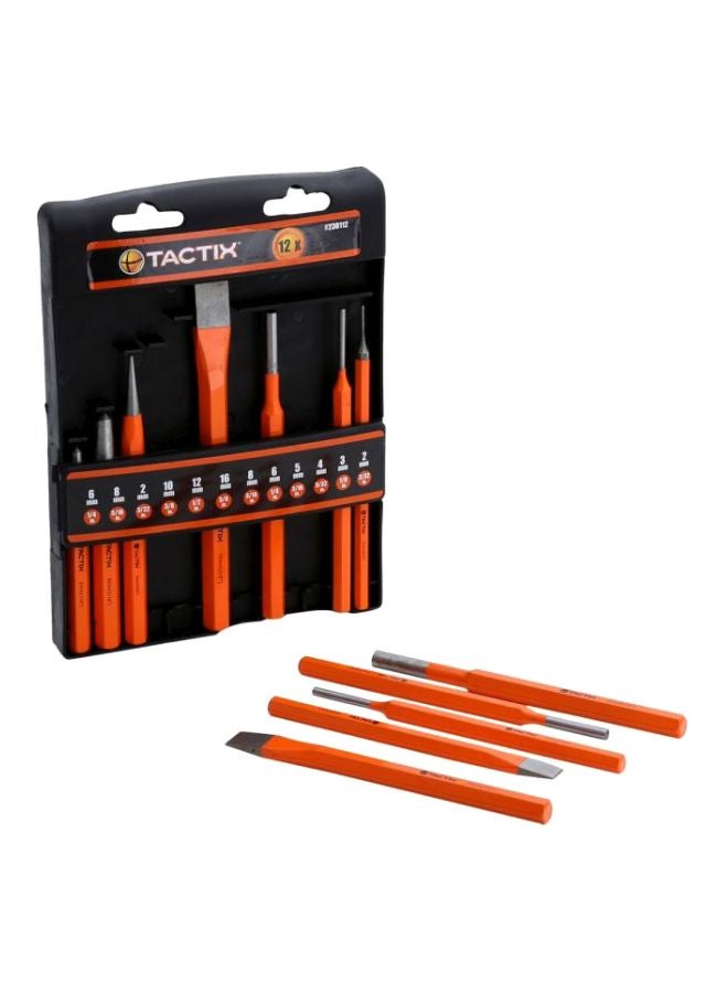 Tactix - Tactix 12-Piece Chisel & Punch Set - Made from Drop Forged Steel for Durability, Includes Center, Taper, Cold and Pin Punches for Various Applications and DIY Projects- 230112 Orange/Grey - Image 1