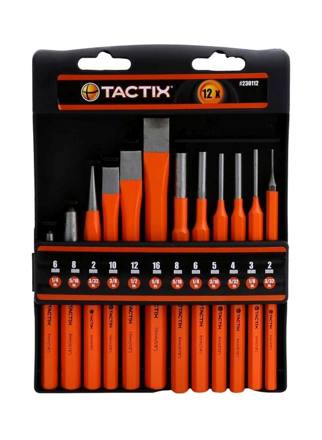 Tactix - Tactix 12-Piece Chisel & Punch Set - Made from Drop Forged Steel for Durability, Includes Center, Taper, Cold and Pin Punches for Various Applications and DIY Projects- 230112 Orange/Grey - Image 1