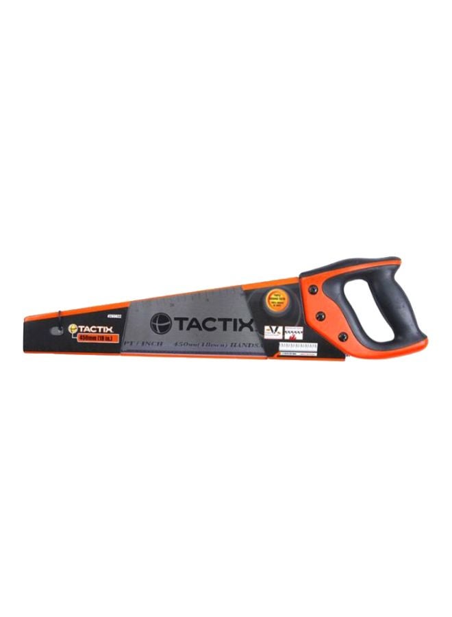 Tactix - 450Mm (18 Inch) Hand Saw, 8 Teeth/9 Points Per Inch, With Metric And Sae Scale, Non-Slip Handle, Perfect For Sawing, Trimming, Cutting Wood Plastic Pipes, Sk5 Blade- 265022 Black/Orange - Image 1