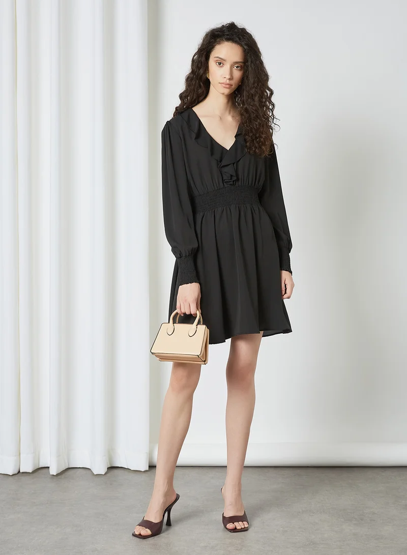 NA-KD V-Neck Ruffle Detail Dress Black