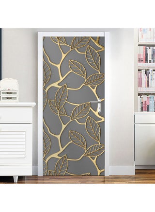 Waterproof Leaves Printed Door Sticker Grey/Gold 77 X 200cm - v1616913976/N45804280A_1