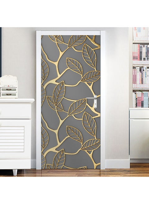 Waterproof Leaves Printed Door Sticker Grey/Gold 77 X 200cm