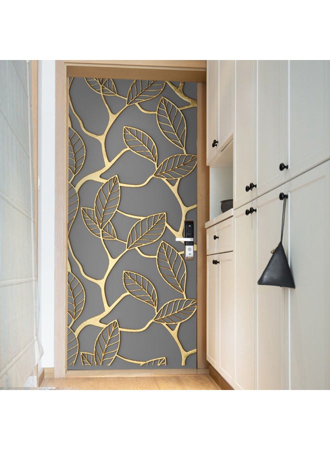Waterproof Leaves Printed Door Sticker Grey/Gold 77 X 200cm