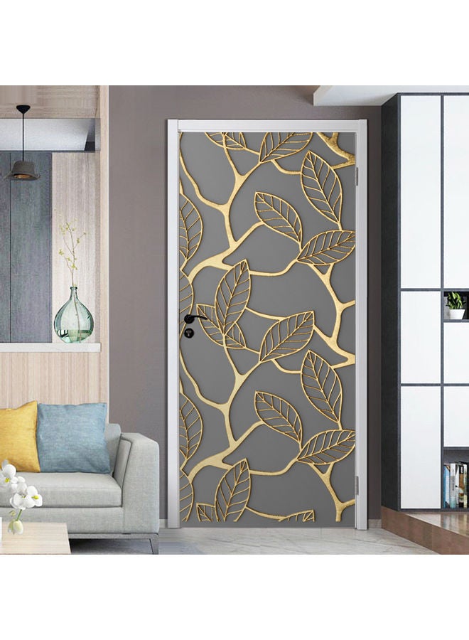 Waterproof Leaves Printed Door Sticker Grey/Gold 77 X 200cm
