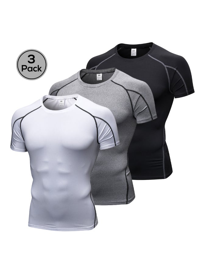 مجموعة تيشيرت رياضي ضاغط من 3 قطع أبيض/رمادي/أسود - Image 1