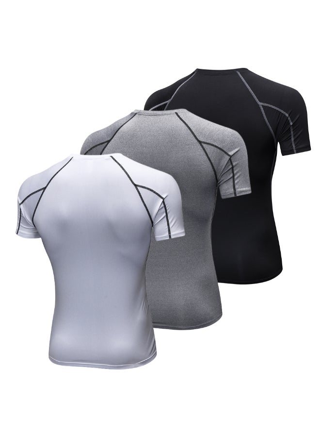 مجموعة تيشيرت رياضي ضاغط من 3 قطع أبيض/رمادي/أسود - Image 3