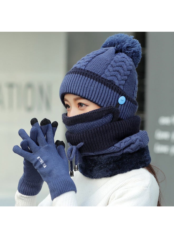 4-Piece Winter Neck Scarf Hat And Knit Touch Mittens Warm Suit Set Dark Blue  - Image 2