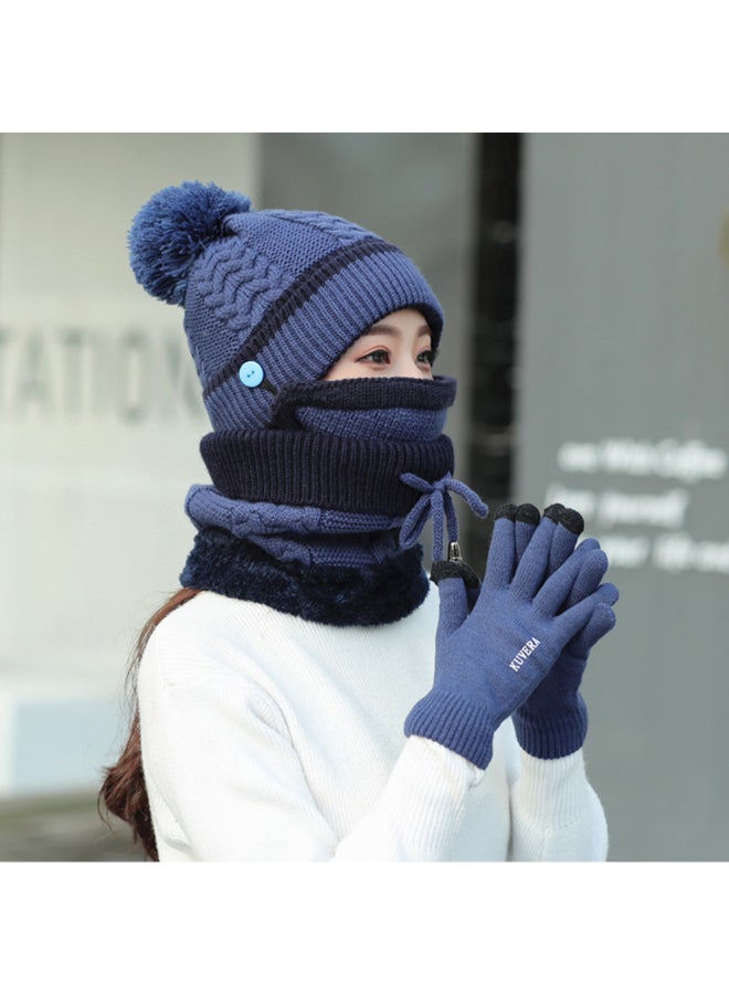 4-Piece Winter Neck Scarf Hat And Knit Touch Mittens Warm Suit Set Dark Blue  - Image 5