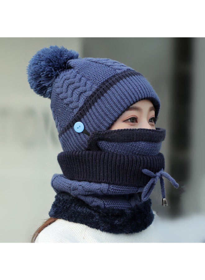 4-Piece Winter Neck Scarf Hat And Knit Touch Mittens Warm Suit Set Dark Blue  - Image 3