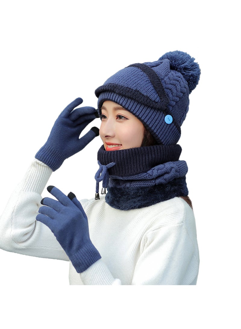4-Piece Winter Neck Scarf Hat And Knit Touch Mittens Warm Suit Set Dark Blue  - Image 4