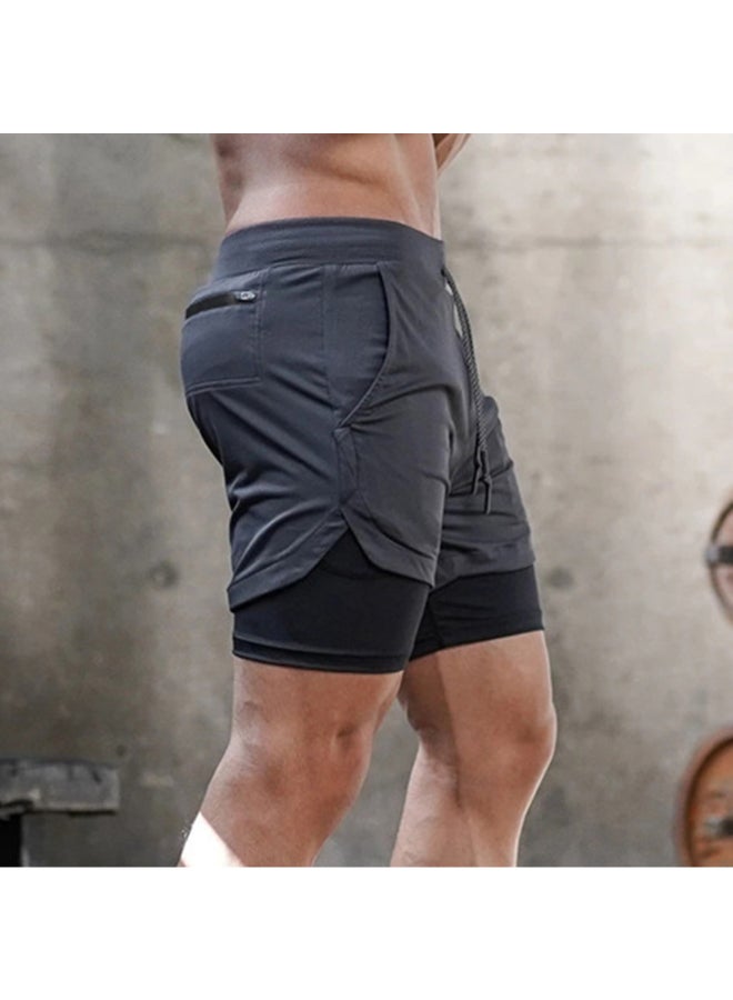 Two Layer Pockets Detail Sports Shorts Grey
