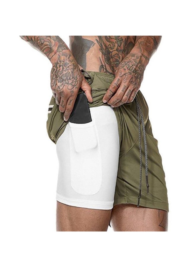 2-In-1 Compression Side Pocket Tie Belt Waist Workout Shorts Green  - Image 1