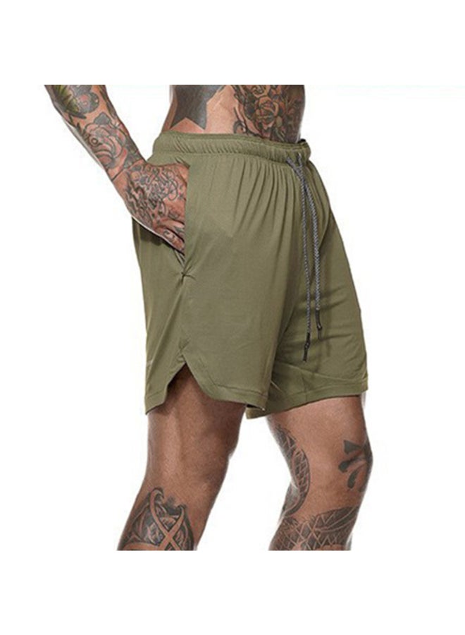 2-In-1 Compression Side Pocket Tie Belt Waist Workout Shorts Green  - Image 4