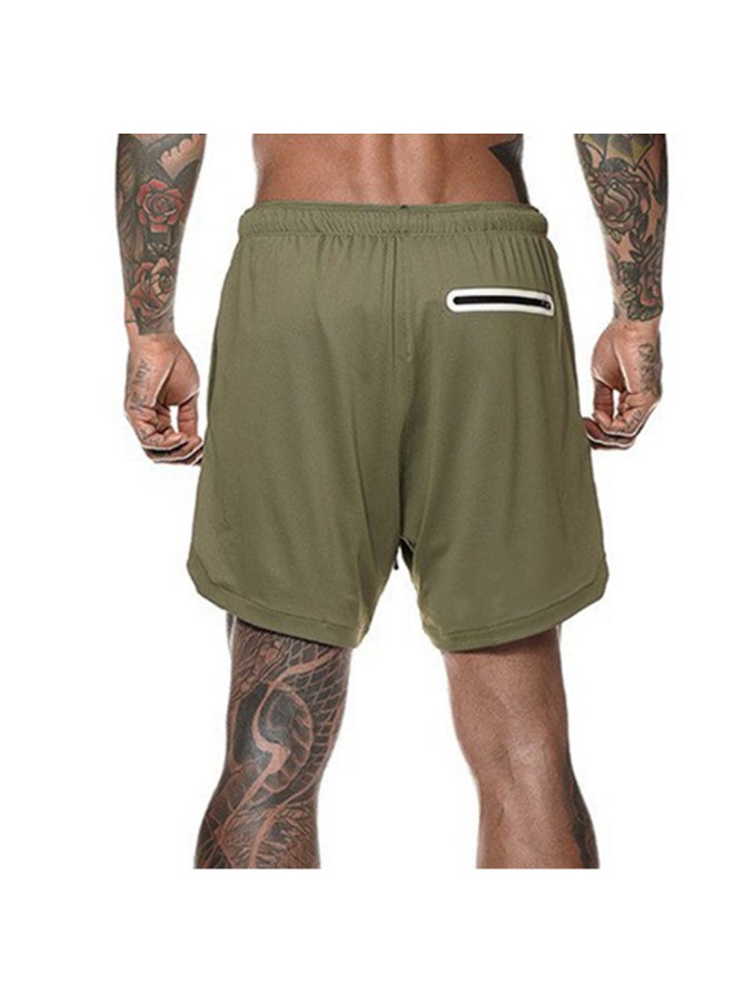 2-In-1 Compression Side Pocket Tie Belt Waist Workout Shorts Green  - Image 2