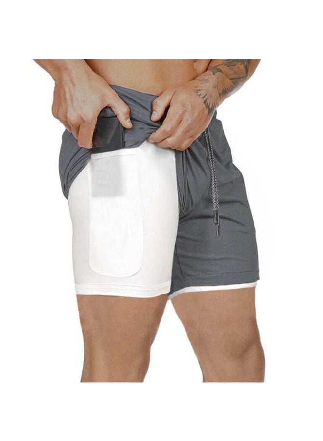 2-In-1 Compression Side Pocket Tie Belt Waist Workout Shorts Dark Gray  - Image 1