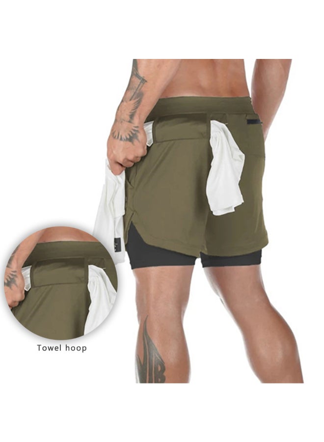 2-In-1 Compression Side Pocket Tie Belt Waist Workout Shorts Army Green  - Image 3