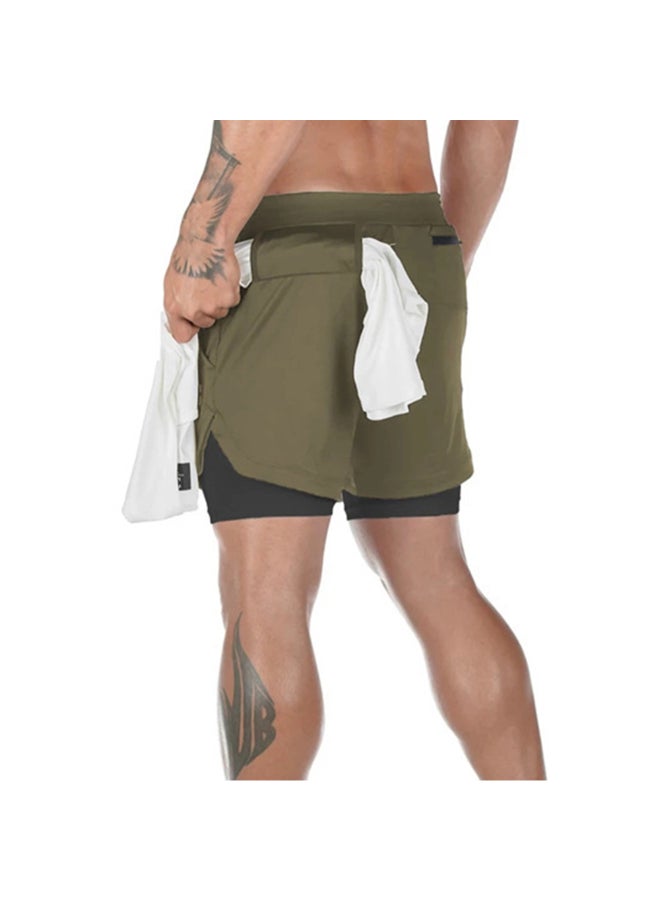 2-In-1 Compression Side Pocket Tie Belt Waist Workout Shorts Army Green  - Image 2