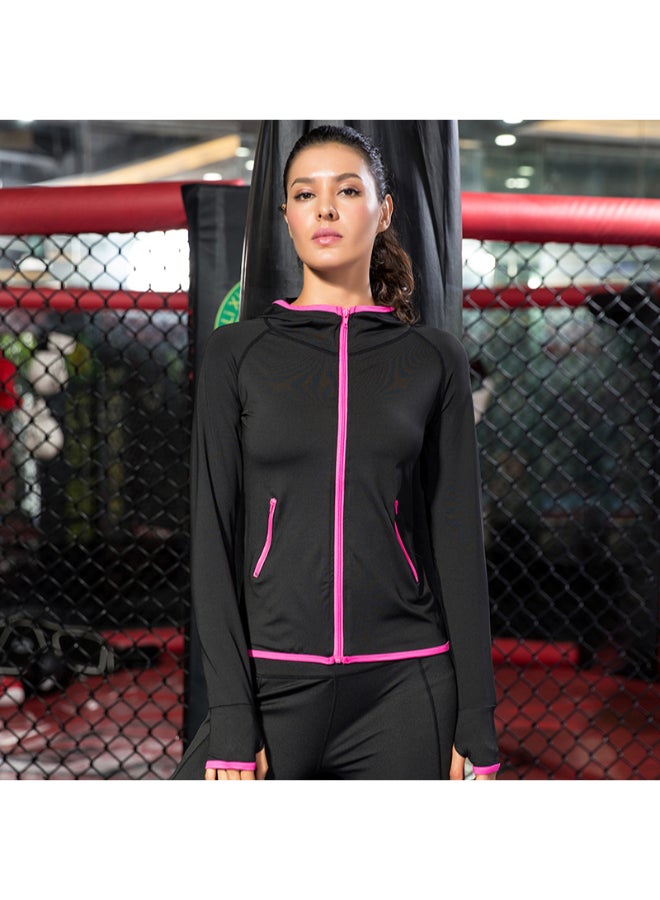 Zipper Pocket Stretchy Quick-Dry Sportswear Hooded Jacket Black - Image 1
